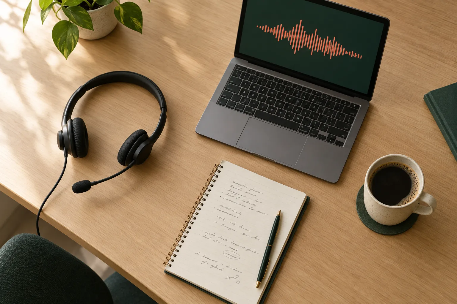 Bureau met een headset, notitieboek en laptop met een geluidsgolf op het scherm