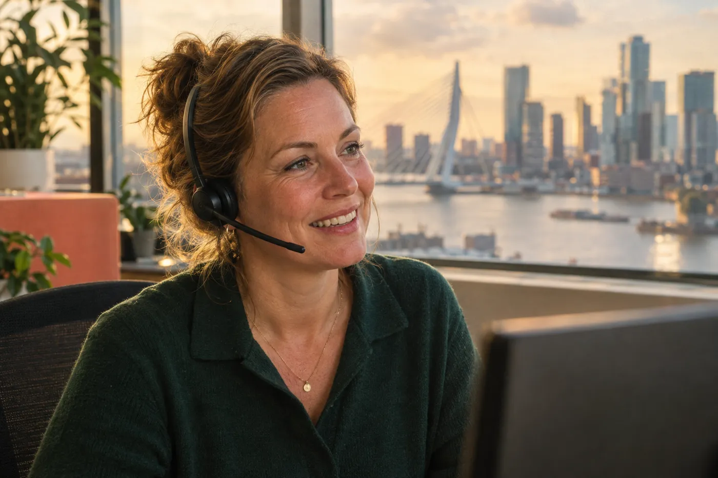 Telefoniste met headset in een kantoor in Rotterdam, met de skyline op de achtergrond